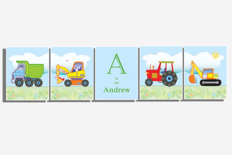 Boys Nursery Room Bedroom Wall Art Truck Tractor Decor Set of 4 UNFRAMED Prints Farm Vehicles Transportation Construction Digger Bulldozer Excavator Pictures 8 x 10 inches