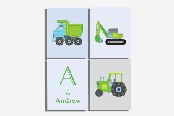 Boys Nursery Room Bedroom Wall Art Truck Tractor Decor Set of 4 UNFRAMED Prints Farm Vehicles Transportation Construction Digger Bulldozer Excavator Pictures 8 x 10 inches
