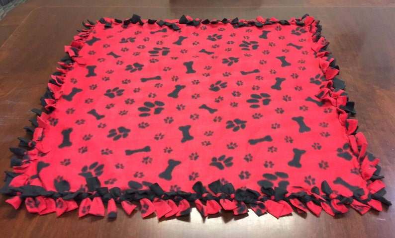 No Sew Red Paw Print and Doggie Bone Blanket 36.5X 36.5 Perfect for your dog or your lap