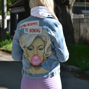Quality Hand Painted Custom Denim Jacket &quot;Marilyn Monroe: Being normal is boring&quot;- jacket not included in the price!! -