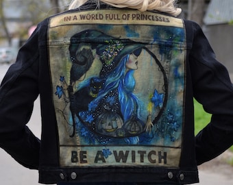 Custom Hand Painted Denim Jacket "Witch" artwork - jacket not included -