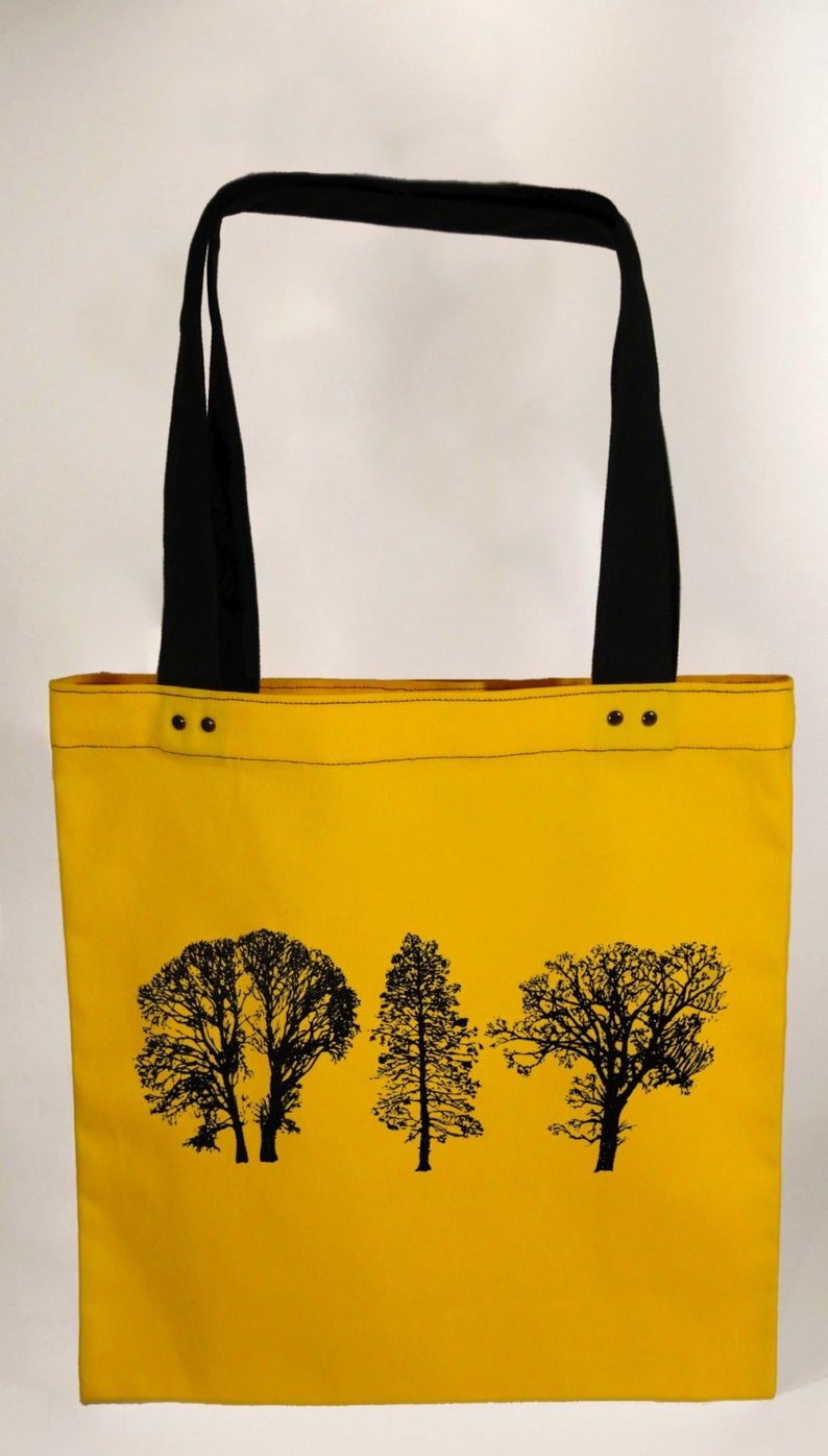 Trees yellow hand screen printed cotton canvas tote bag