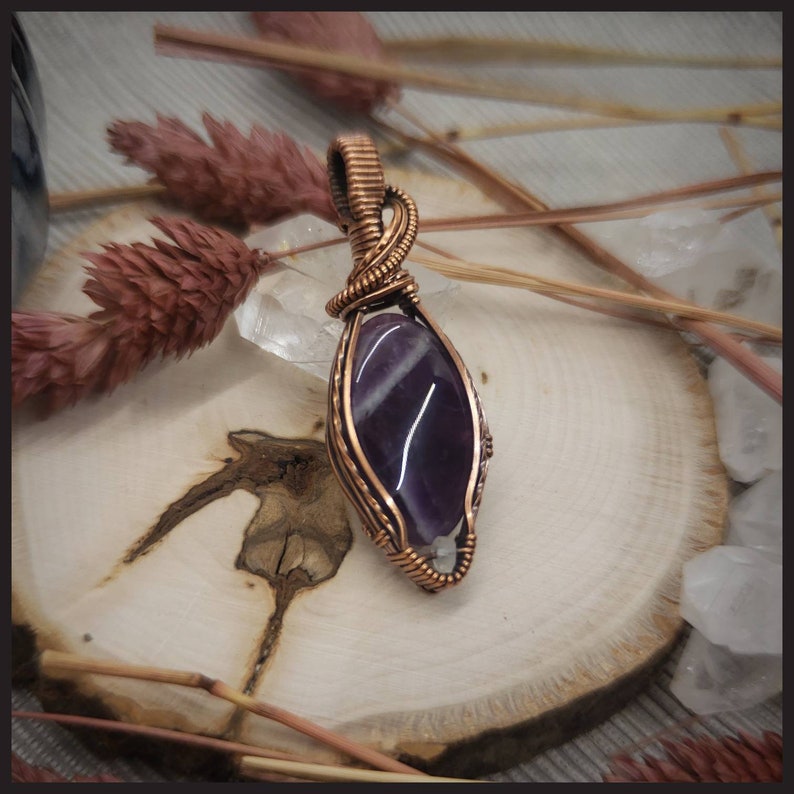 Oxidized Copper Wire Wrapped Pendant Amethyst with Moonstone Accent Handmade With Love