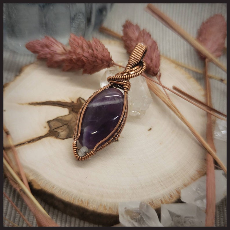 Oxidized Copper Wire Wrapped Pendant Amethyst with Moonstone Accent Handmade With Love
