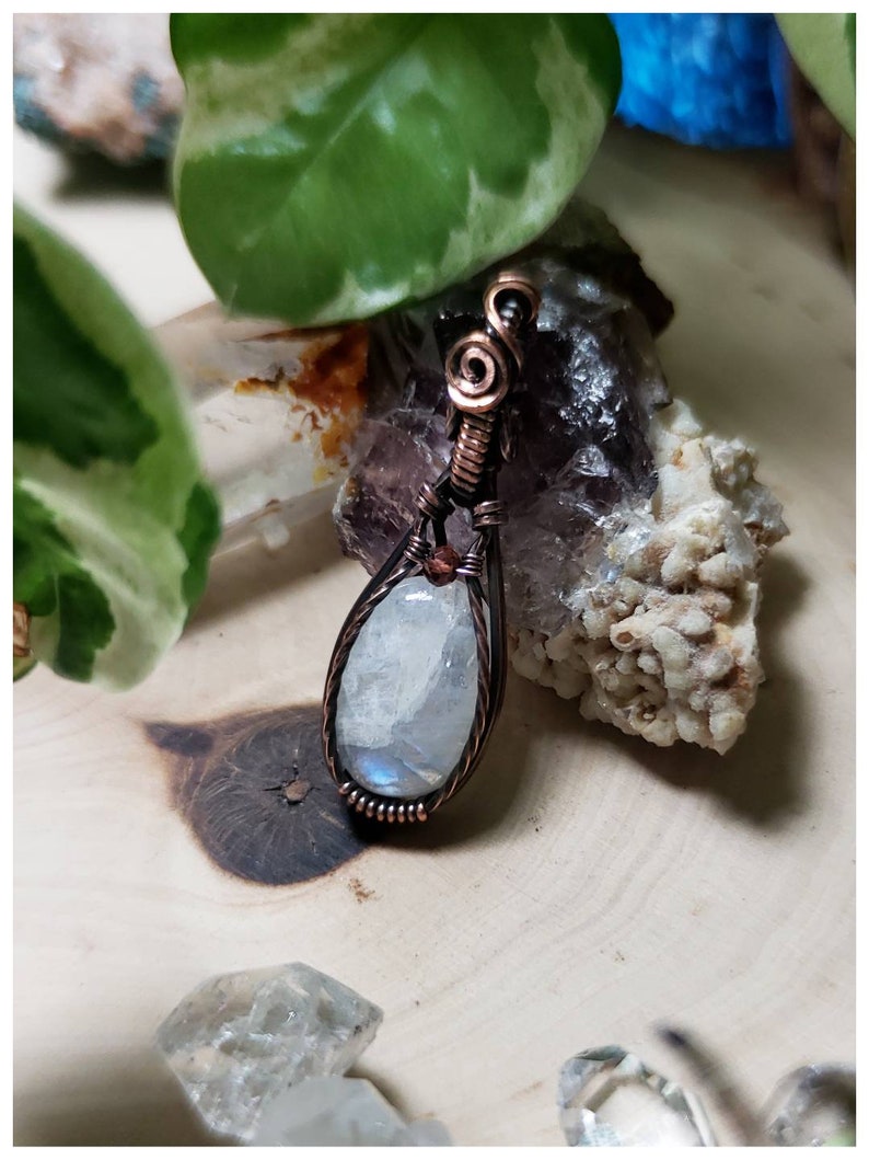 Moonstone with Garnet Accent Handmade With Love Oxidized Copper Wire Wrapped Pendant