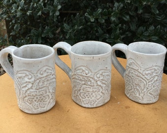 Handmade Ceramic Mug White, Small Ceramic Mug, Stoneware Mug with Handle, Coffee Mug Pottery Handmade Flowers, Handmade Coffee Mug Pottery