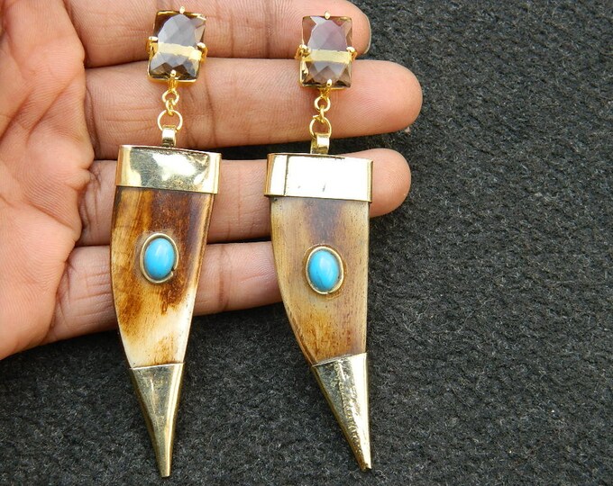 Horn earring Natural Horn With Turquoise and Smoky Quartz earring Tibetan Tusk Tooth earring Gemstone earring Brass earring horn jewelry