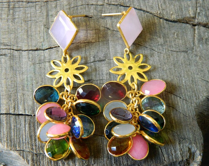 Earring Faceted Multi Quartz and Chalcedony Earrings Statement earring Bezel Set Earrings Gemstone Earrings Bridal earring Beautiful Gift