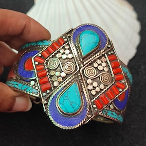 Turquoise, Lapis & Synthetic Coral Silver Tibetan Cuff Bangle Bracelet Handcrafted Nepali Bangle Tibetan Ethnic Vintage Style Nepalace Cuff