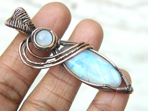 Natural White Rainbow Moonstone Copper Wire Wrapped Pendant