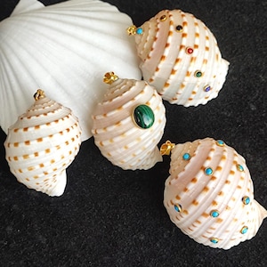 May include: Four decorative seashell pendants with gold-colored accents and colorful gemstone embellishments. The shells are white with brown stripes. One shell has a large green gemstone, and others have blue, red, and black gems.