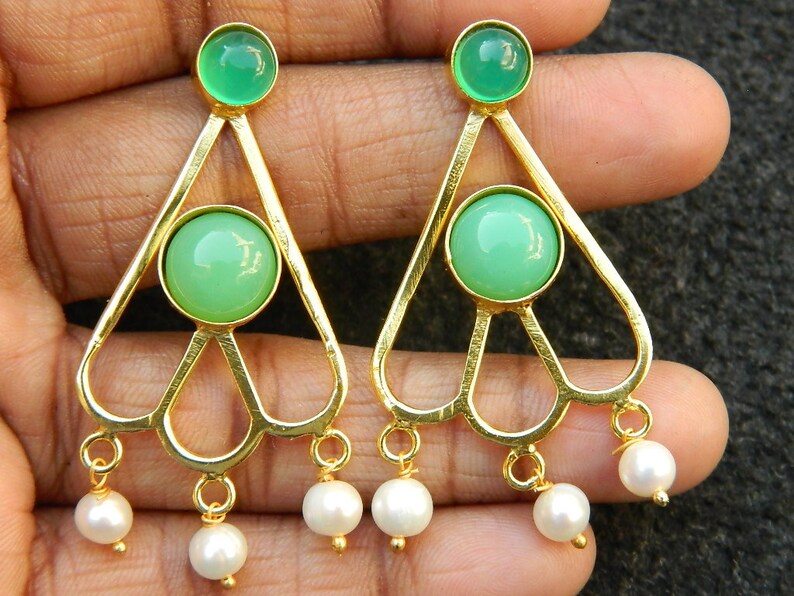Stud earring Turquoise Charysoprse Natural White rainbow and pearl stud earring Gold plated earring Gemstone Earring Designer Gift for Women
