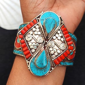 Turquoise, Lapis & Synthetic Coral Silver Tibetan Cuff Bangle Bracelet Handcrafted Nepali Bangle Tibetan Ethnic Vintage Style Nepalace Cuff