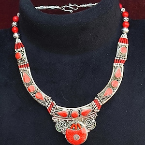 Tibetan Silver Necklace Synthetic Coral Stone Beaded Necklace Handmade  Vintage Style Nepali Necklace Tribal Ethnic Classic Jewelry