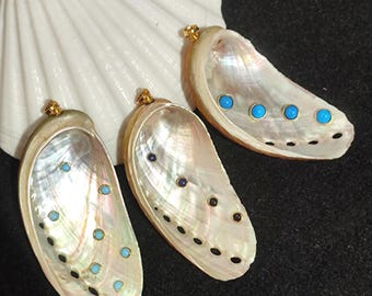 Mother of Pearl Shell Pendant with Gemstone, Large Seashell Jewelry