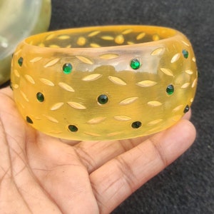 Vintage Yellow & Brown Color Resin Studded Rhinestone Bangle Bracelet Carved Resin Purely Handcrafted Exclusive Retro Wide Bangles for Women