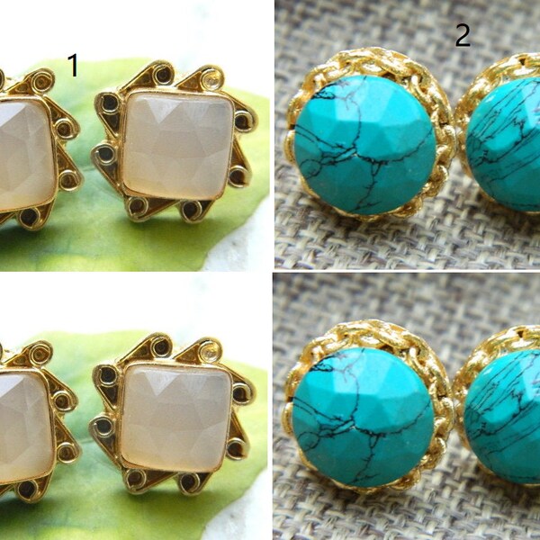 Turquoise and lite pink Chalcedony stud Earrings//Post Stud Earrings // Stud Earring//Gemstone Stud Earring//Gold plated Studs//Gift For Her