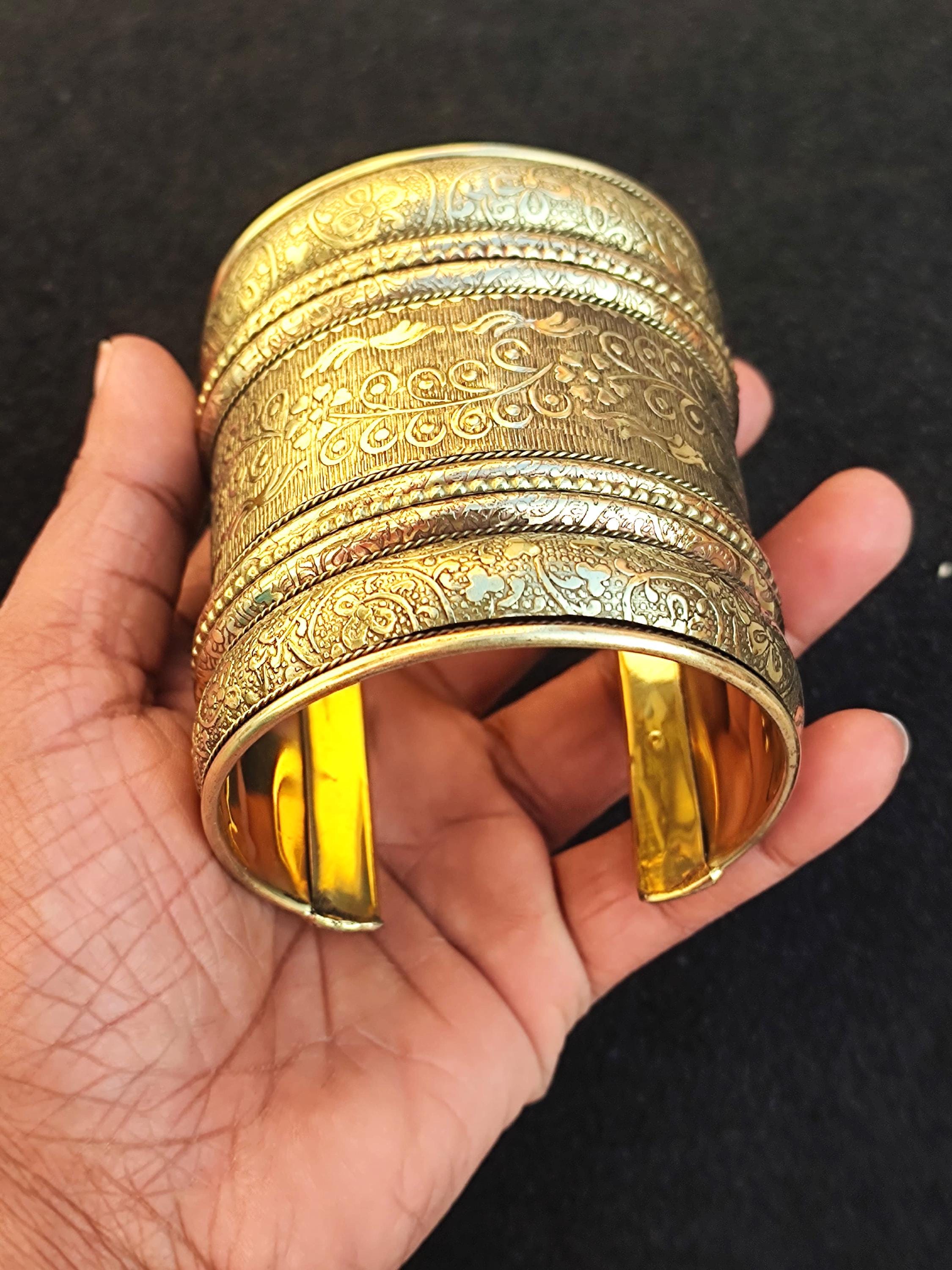 Handcrafted Indian Brass Cuff Bracelet, Adjustable Vintage Style