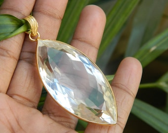 Rock Crystal Quartz Gold Plated Pendant, Handmade Gemstone Jewelry