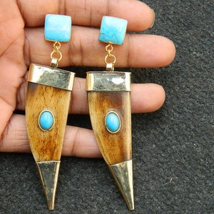 Horn Bone Jewelry Ethically Sourced Natural Buffalo Horn with Turquoise Gemstone  Earring Handmade Boho Vintage Style Fashion Jewelry