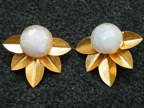 White Moon Stone Natural Gemstone Stud Earrings Gold Plated Brass