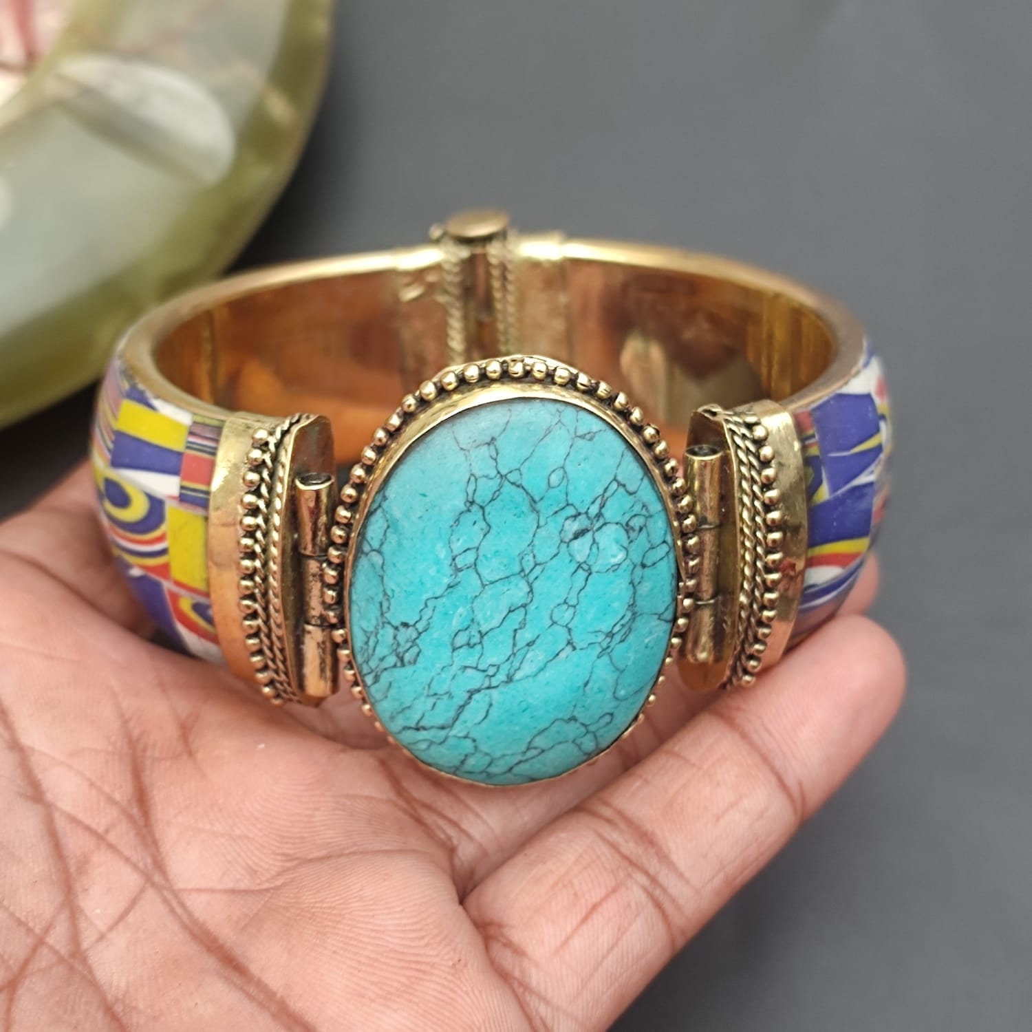 Bracelet Jonc En Laiton Avec Pierre De Turquoise Naturelle Bleue - Neuf Avec Étiquettes