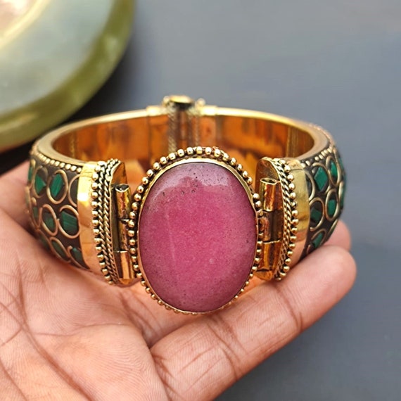 Aventurine & Agate Natural Stones Brass Bangle Bracelet