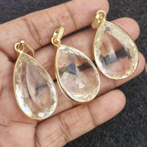 Natural Rock Crystal Pear Shape Cutstone Genuine Gmestone Pendant Gold Plated Bezel Link Exclusive Unique Fashion Jewelry For Her