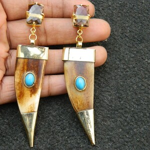 Horn Bone Jewelry Ethically Sourced Natural Buffalo Horn with Smoky Quartz (Synthetic Stone) Earring Handmade Vintage Style Fashion Jewelry