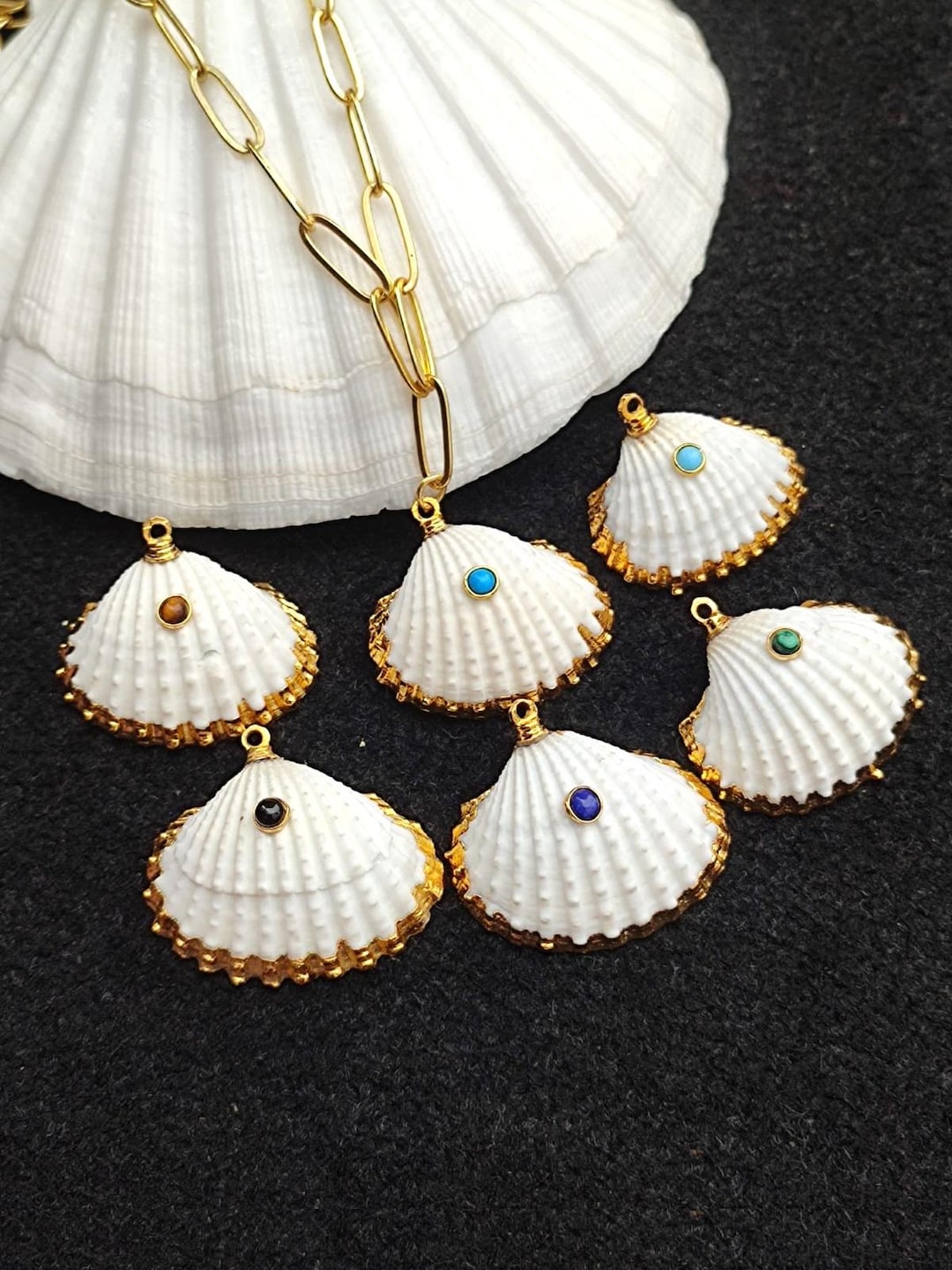 Large Gold Shell Gold Filled Shell Necklace With Gemstone, Scallop Seashell Pendant ...