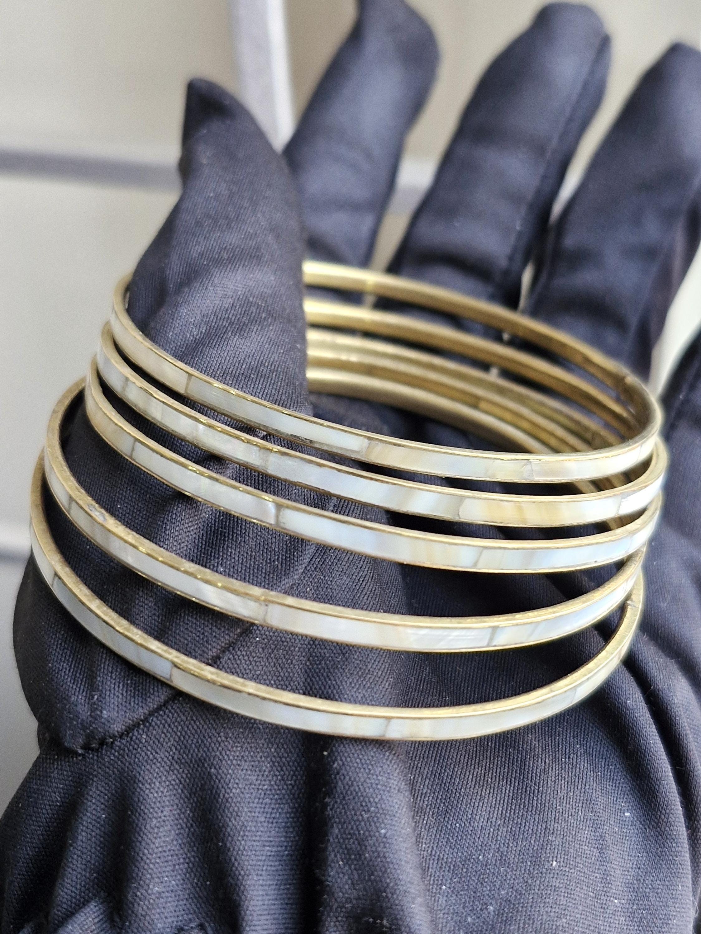 Mother of Pearl Inlay Brass Bangle Set - Vintage Handmade Jewelry