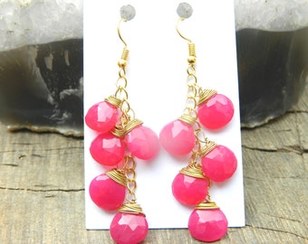 Hot Pink Chalcedony Earrings, Faceted Heart Gemstone Charms