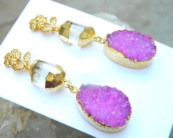 Boucles D'oreilles Quartz Druzy Dorées - Occasion En Bon état - Pierre Naturelle