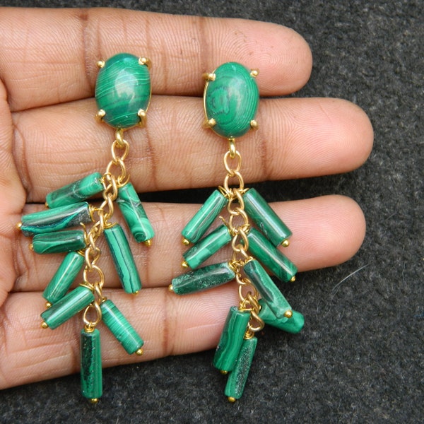 Natural Malachite Unique Tubes Shape Beaded Jewelry Gemstone Earrings Gold Plated Prong Set Gemstone Handcrafted Designer Fashion Jewelry