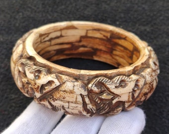 Vintage Hand Carved Buffalo Bone Bangle: Elephant Design