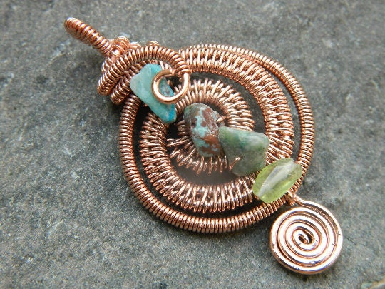 Copper Wire Wrapped Multi Stone Pendant Filigree Art Wire