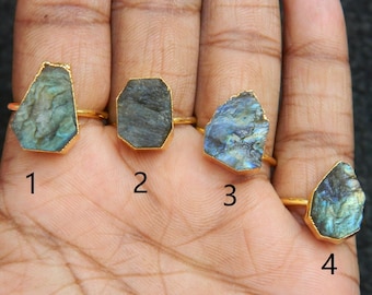 Raw Labradorite Ring, Gold Electroplated Adjustable Charm