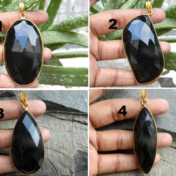 Huge Fancy Shape Faceted Black Onyx Pendant Jewelry Gold Plated Natural Gemstone Handcrafted Vintage Style Designer Gemstone Fashion Jewelry