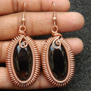 Natural Smoky Quartz Wire Wrapped earring Copper Wire Filigree Art Wire Wrap earring Bohemian Tribal Jewelry Beautiful Exclusive Gift sale