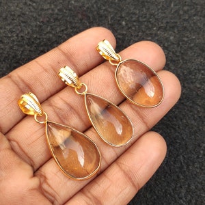 Natural Lemon Quartz Pear & Oval Shape Smooth Stones Pendant Genuine Gemstone Pendant Gold Plated Pendant Handcrafted Boho Gift for her
