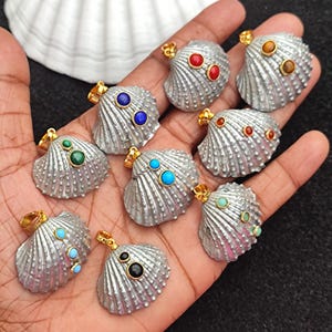 Natural Sea Shell Silver Coated Pendant With Multi Gemstone Natural Scallop Seashell Charm Pendant Ocean Seashell Pendant Beach Jewelry