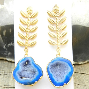 18k Gold Electroplated Druzy Cave Earring With Leaf Stud Gemstone Cave Charm Earring Bridal Jewelry  Gift for women