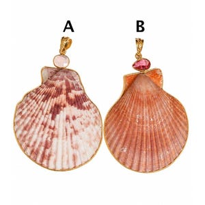 May include: Two shell pendants labeled A and B. Pendant A features a white and brown patterned scallop shell with a pale pink stone and gold bail. Pendant B features an orange scallop shell with a teardrop-shaped pink stone and gold bail.