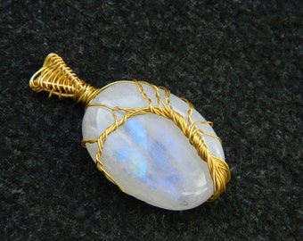 Rainbow Moonstone Tree of Life Pendant, Gold Wire Wrapped Gemstone
