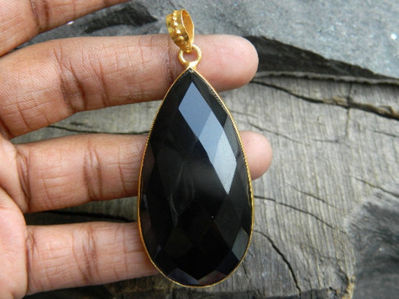 Black onyx pendant Big pendant Beautiful jewelry Bezel set Gold Plated Pendant Natural Gemstone Pendant Charm necklace Gift for her