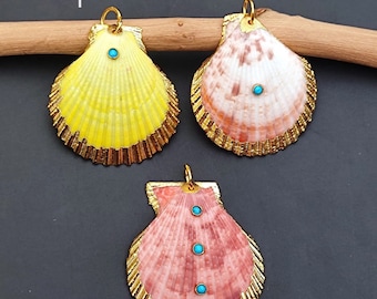 Real scallop seashell 18k Gold Fill Electroplated Pendant With Turquoise Gemstone Irish Baking Scallop Shells Pecten Genuine Shell Jewelry