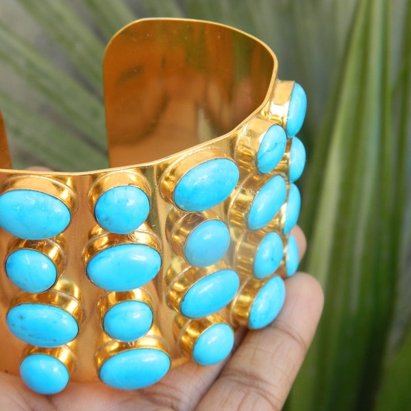 Howlite turquoise cuff bangle bracelet gold plated over brass 20 stone Bracelet  Designer Bangle Gift for her