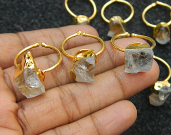 Raw Rock Crystal Ring, Gold Plated Brass, Adjustable Gemstone Jewelry