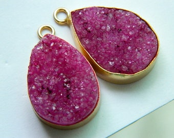 Pair Pink Druzy Geode Connectors, Gold Plated Pear Drops (17x28mm)