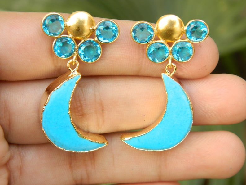 Howlite Earring Gold Plated Turquoise With Quartz Stud Gemstone Earring Jewelry gift for her
